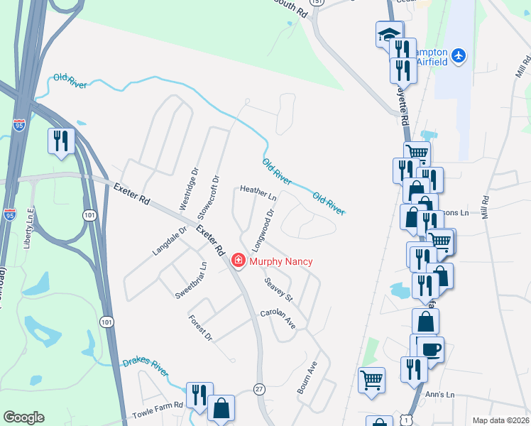 map of restaurants, bars, coffee shops, grocery stores, and more near 17 Longwood Drive in Hampton