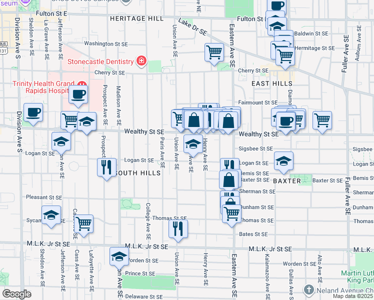 map of restaurants, bars, coffee shops, grocery stores, and more near 457 James Avenue Southeast in Grand Rapids