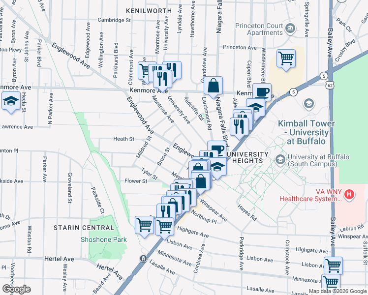map of restaurants, bars, coffee shops, grocery stores, and more near 78 Englewood Avenue in Buffalo