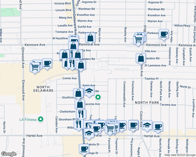 map of restaurants, bars, coffee shops, grocery stores, and more near 19 Avery Avenue in Buffalo