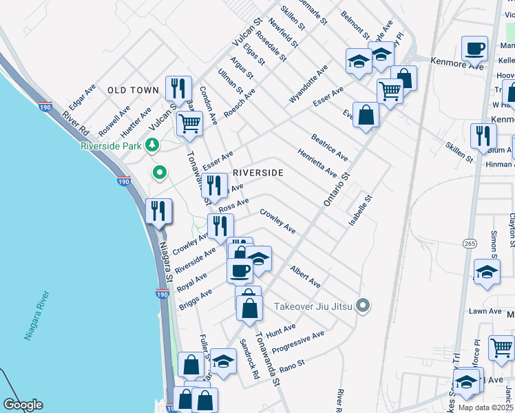 map of restaurants, bars, coffee shops, grocery stores, and more near 183 Crowley Avenue in Buffalo
