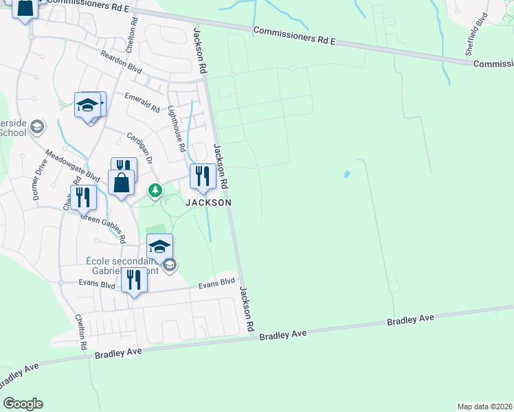 map of restaurants, bars, coffee shops, grocery stores, and more near 2401-2617, 2347-2369 Evans Boulevard in London