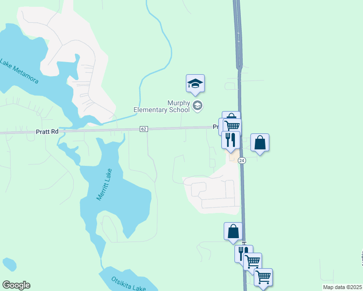 map of restaurants, bars, coffee shops, grocery stores, and more near 1131 Pratt Road in Metamora