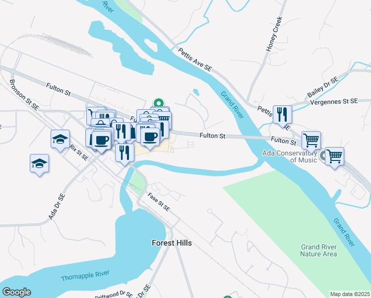 map of restaurants, bars, coffee shops, grocery stores, and more near 7590 Fulton Street East in Ada