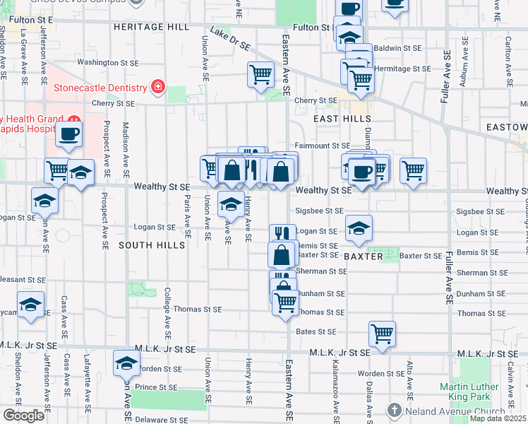 map of restaurants, bars, coffee shops, grocery stores, and more near 701 Logan Street Southeast in Grand Rapids