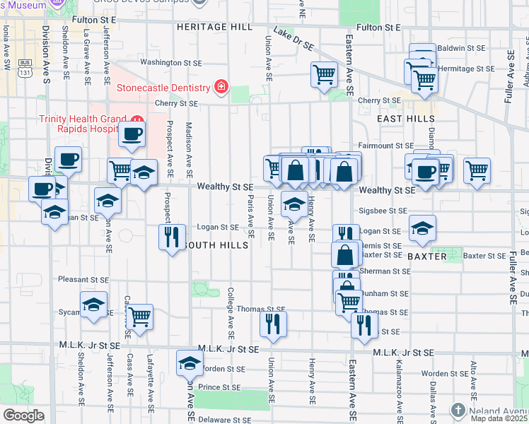 map of restaurants, bars, coffee shops, grocery stores, and more near 457 Union Avenue Southeast in Grand Rapids