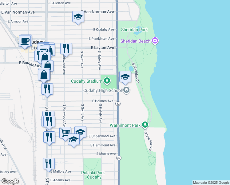 map of restaurants, bars, coffee shops, grocery stores, and more near 4973 South Lake Drive in Cudahy