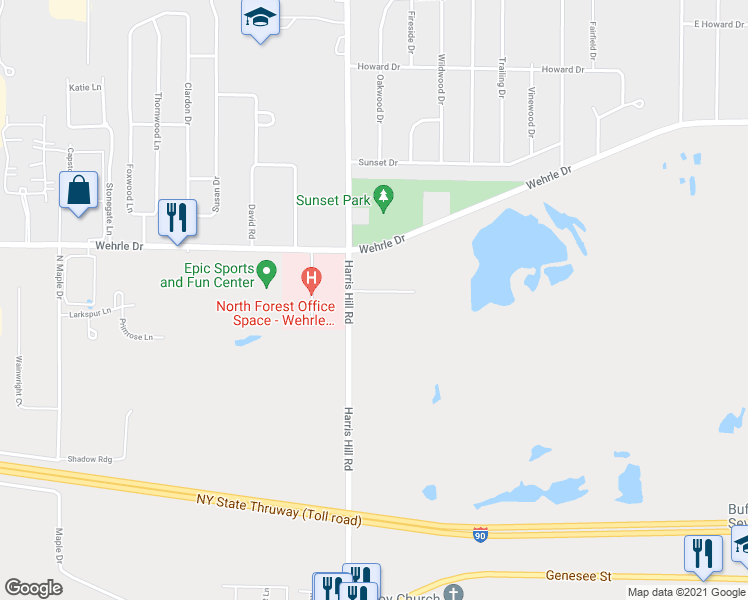 map of restaurants, bars, coffee shops, grocery stores, and more near 338 Harris Hill Road in Williamsville