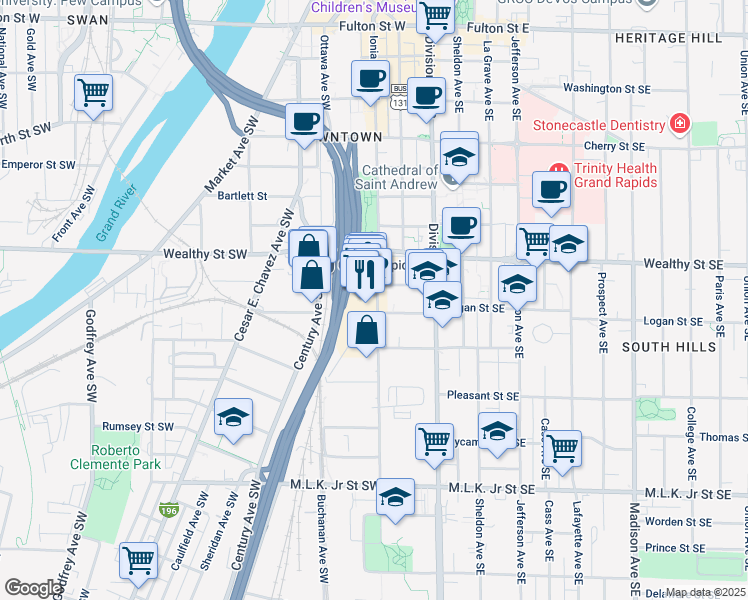 map of restaurants, bars, coffee shops, grocery stores, and more near 435 Ionia Avenue Southwest in Grand Rapids