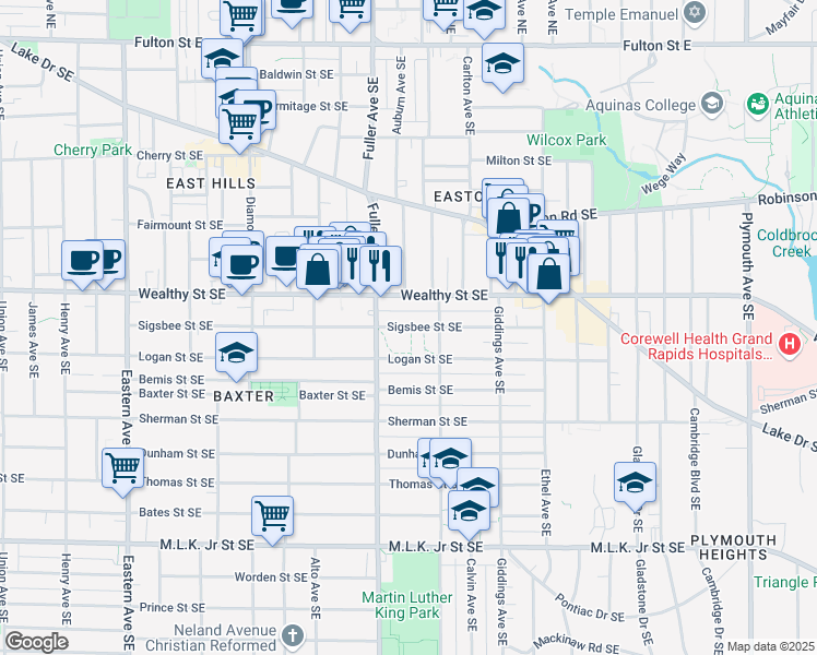 map of restaurants, bars, coffee shops, grocery stores, and more near 1250 Sigsbee Street Southeast in Grand Rapids
