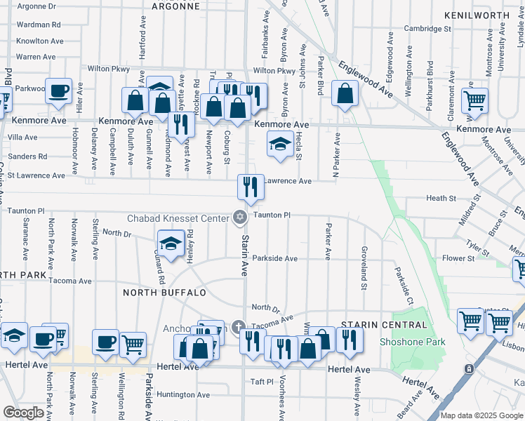 map of restaurants, bars, coffee shops, grocery stores, and more near 578 Taunton Place in Buffalo