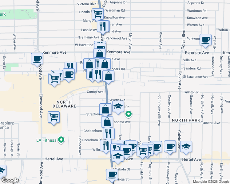 map of restaurants, bars, coffee shops, grocery stores, and more near 2611 Delaware Avenue in Buffalo