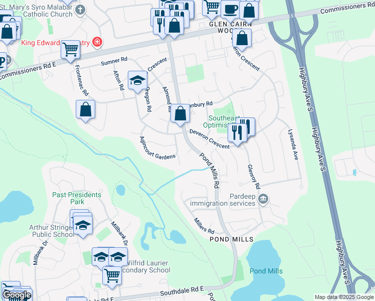 map of restaurants, bars, coffee shops, grocery stores, and more near 451 Pond Mills Road in London