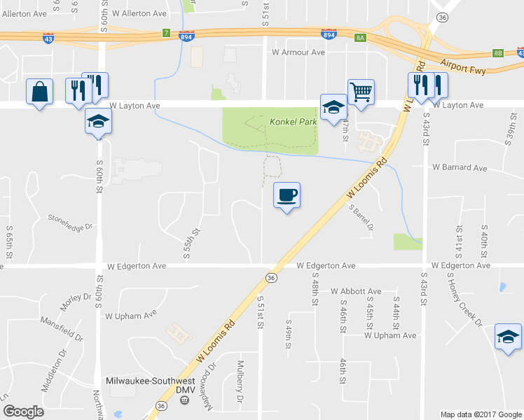 map of restaurants, bars, coffee shops, grocery stores, and more near 4900 South 51st Street in Greenfield