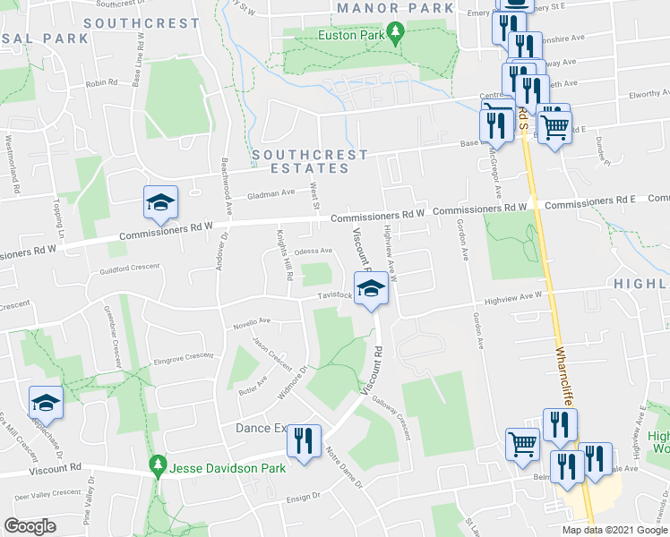 map of restaurants, bars, coffee shops, grocery stores, and more near 127 Odessa Avenue in London