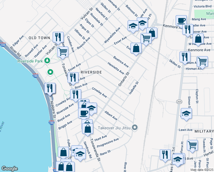 map of restaurants, bars, coffee shops, grocery stores, and more near 218 Crowley Avenue in Buffalo
