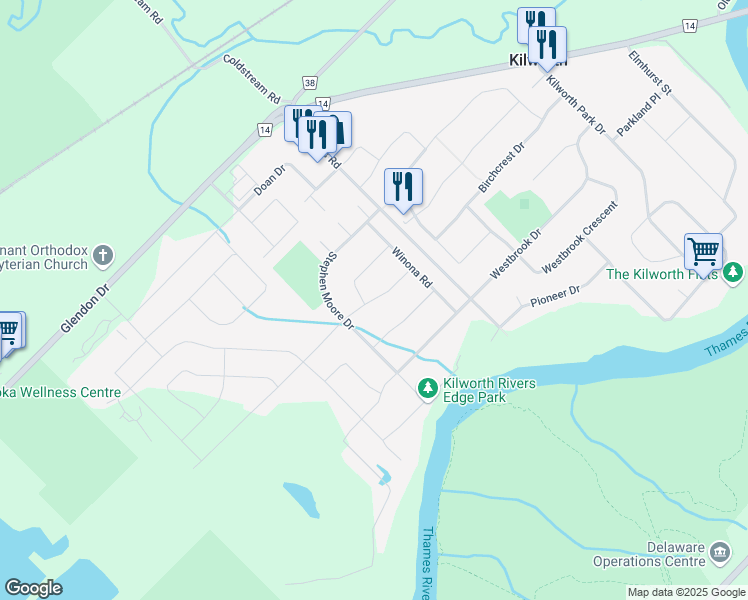 map of restaurants, bars, coffee shops, grocery stores, and more near Daventry Way in Komoka