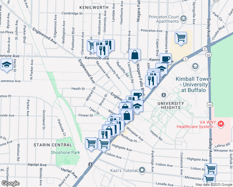 map of restaurants, bars, coffee shops, grocery stores, and more near 78 Englewood Avenue in Buffalo