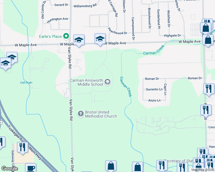 map of restaurants, bars, coffee shops, grocery stores, and more near 1409 West Maple Avenue in Flint