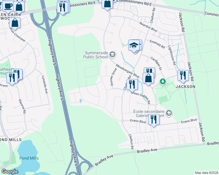 map of restaurants, bars, coffee shops, grocery stores, and more near 1470 Green Gables Road in London