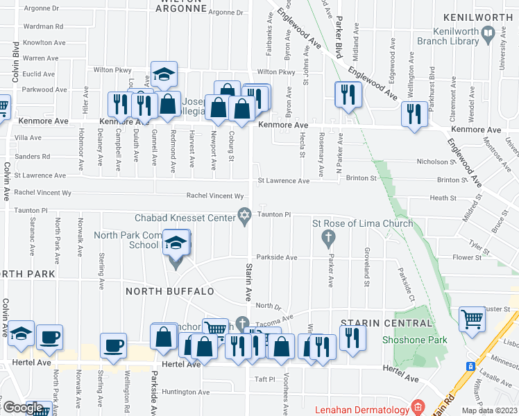 map of restaurants, bars, coffee shops, grocery stores, and more near 576 Taunton Place in Buffalo