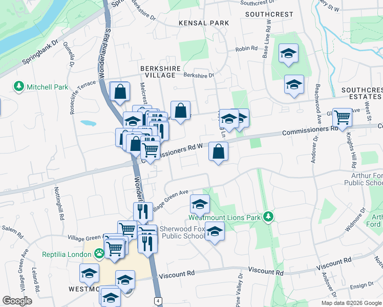 map of restaurants, bars, coffee shops, grocery stores, and more near 464 Commissioners Road West in London