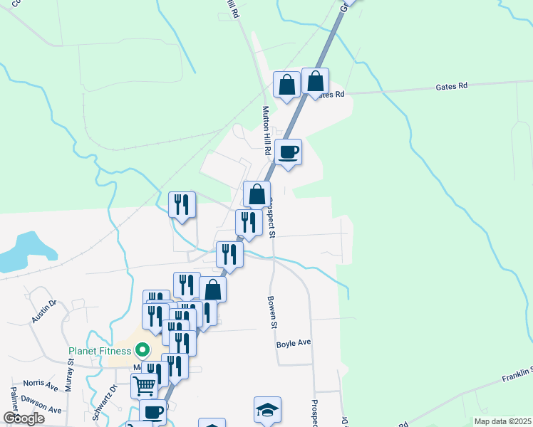 map of restaurants, bars, coffee shops, grocery stores, and more near 127 Prospect Street in Auburn