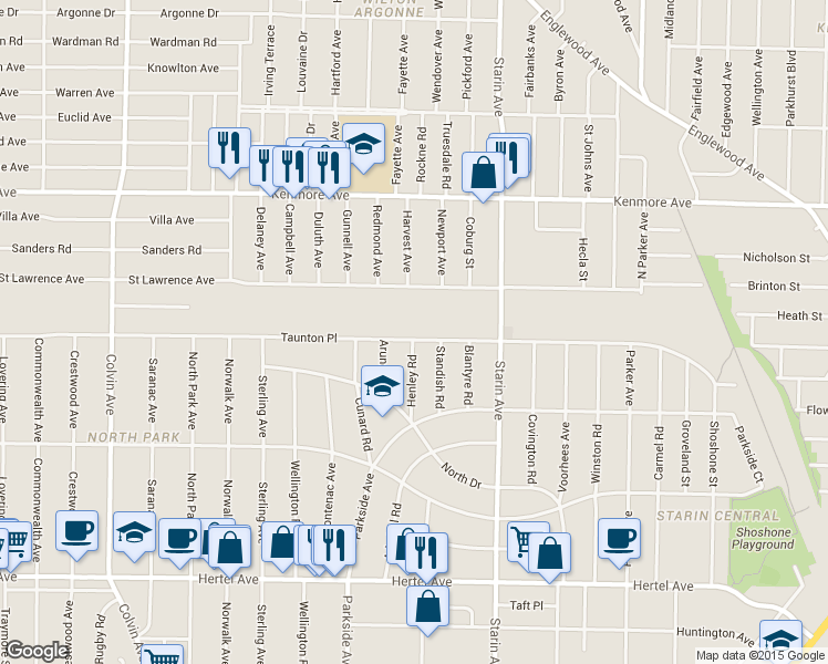 map of restaurants, bars, coffee shops, grocery stores, and more near 62 Henley Road in Buffalo