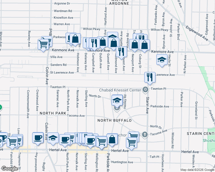 map of restaurants, bars, coffee shops, grocery stores, and more near 281 North Drive in Buffalo
