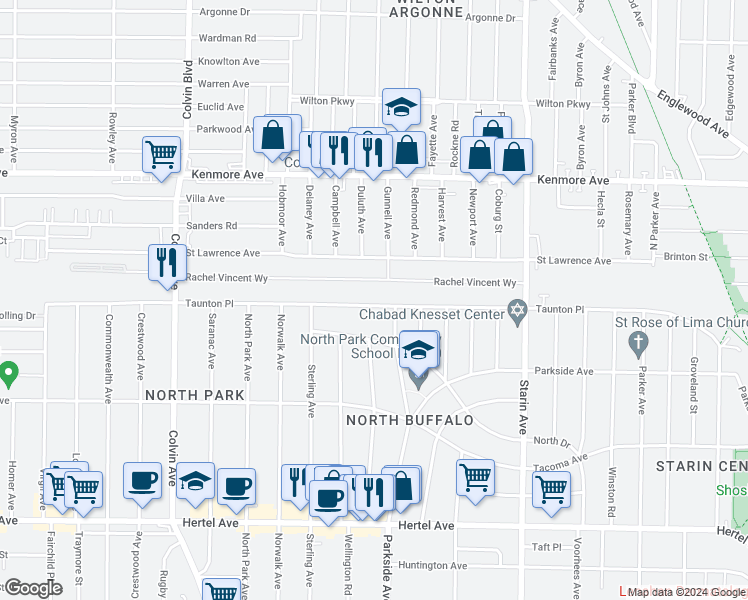 map of restaurants, bars, coffee shops, grocery stores, and more near 281 North Drive in Buffalo