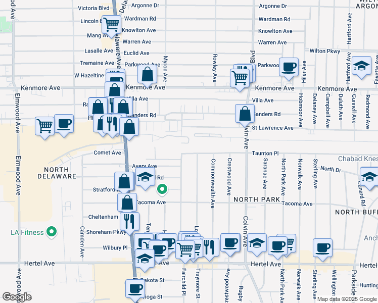 map of restaurants, bars, coffee shops, grocery stores, and more near 223 Virgil Avenue in Buffalo