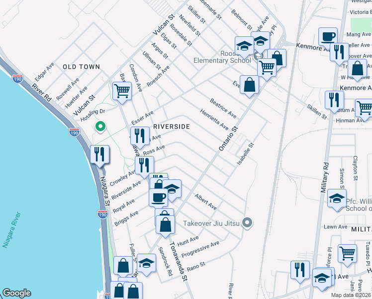 map of restaurants, bars, coffee shops, grocery stores, and more near 218 Crowley Avenue in Buffalo