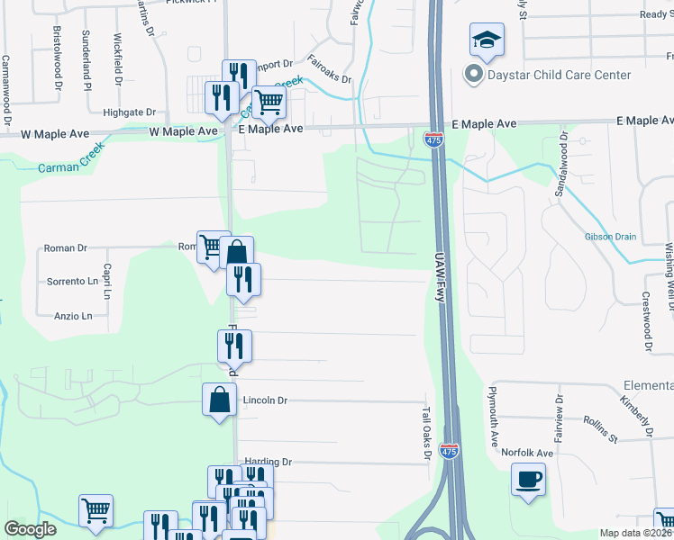 map of restaurants, bars, coffee shops, grocery stores, and more near 1124 Linus Street in Flint