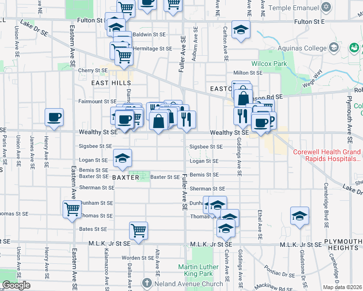 map of restaurants, bars, coffee shops, grocery stores, and more near 455 Fuller Avenue Southeast in Grand Rapids