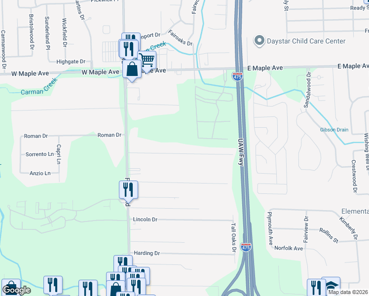 map of restaurants, bars, coffee shops, grocery stores, and more near 1124 Linus Street in Flint