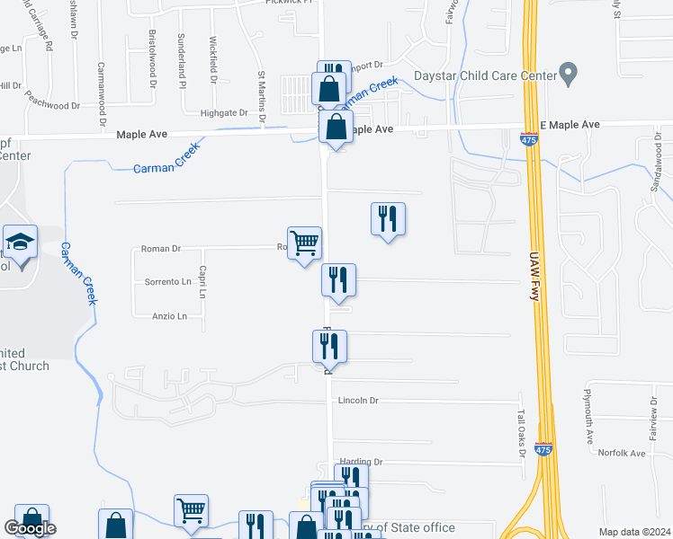 map of restaurants, bars, coffee shops, grocery stores, and more near 5171 Fenton Road in Flint