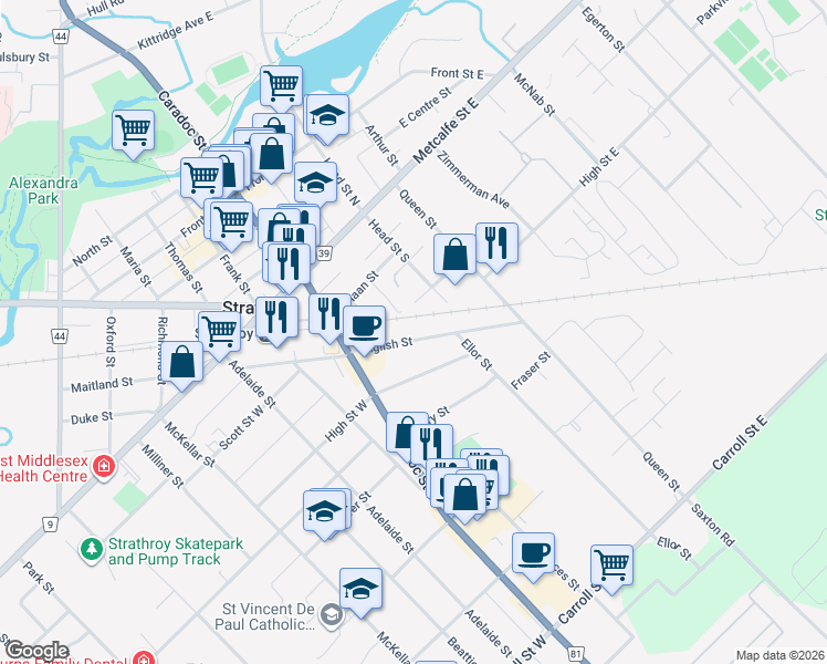 map of restaurants, bars, coffee shops, grocery stores, and more near 73 English Street in Strathroy