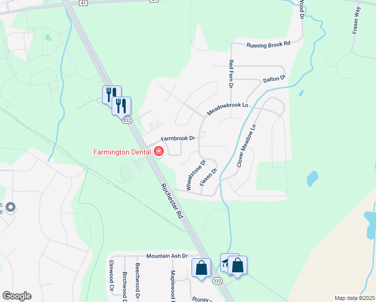 map of restaurants, bars, coffee shops, grocery stores, and more near 1604 Wheatstone Drive in Farmington