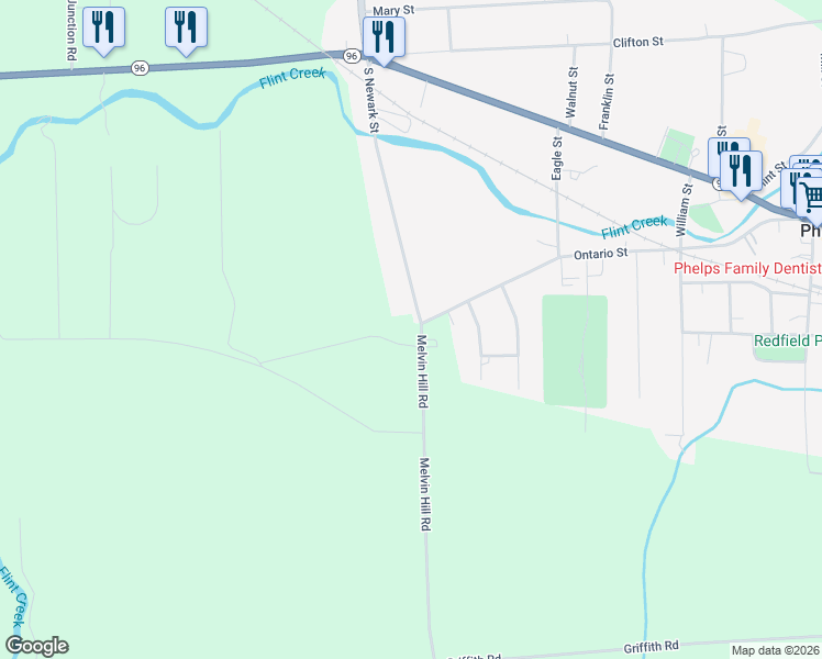 map of restaurants, bars, coffee shops, grocery stores, and more near 1501 Melvin Hill Road in Phelps