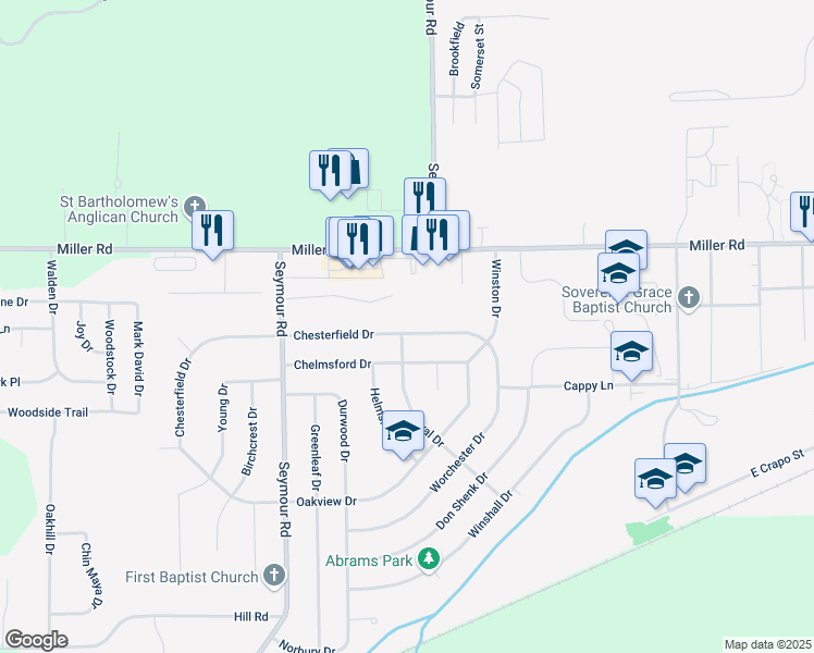 map of restaurants, bars, coffee shops, grocery stores, and more near 8524 Chesterfield Drive in Swartz Creek