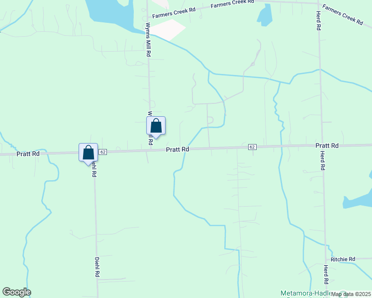 map of restaurants, bars, coffee shops, grocery stores, and more near 3801 Pratt Road in Metamora