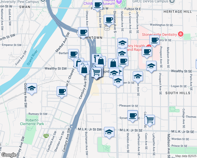 map of restaurants, bars, coffee shops, grocery stores, and more near 270 Ionia Avenue Southwest in Grand Rapids