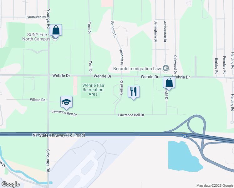 map of restaurants, bars, coffee shops, grocery stores, and more near 45 Earhart Drive in Buffalo