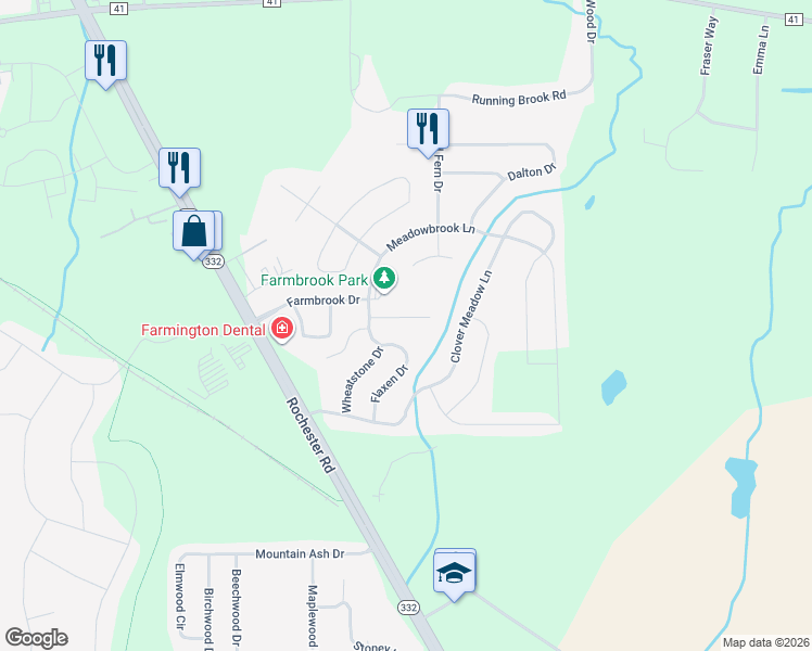 map of restaurants, bars, coffee shops, grocery stores, and more near 5782 Bonnie Brae Circle in Farmington