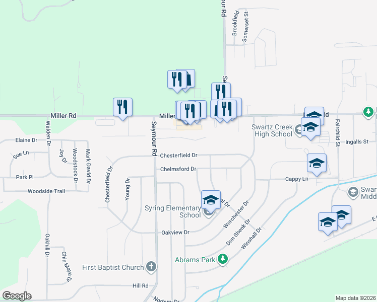 map of restaurants, bars, coffee shops, grocery stores, and more near 9080 Luea Lane in Swartz Creek