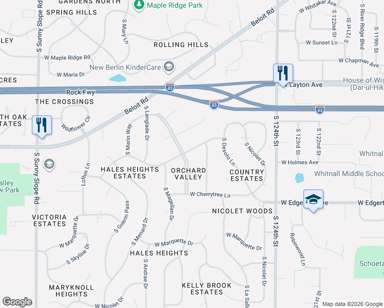 map of restaurants, bars, coffee shops, grocery stores, and more near 4916 South Courtland Parkway in New Berlin