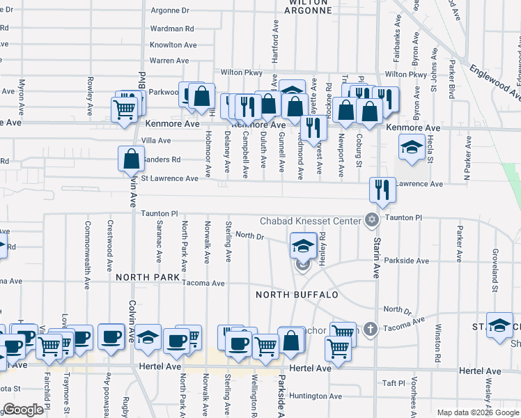 map of restaurants, bars, coffee shops, grocery stores, and more near 507 Saint Lawrence Avenue in Buffalo