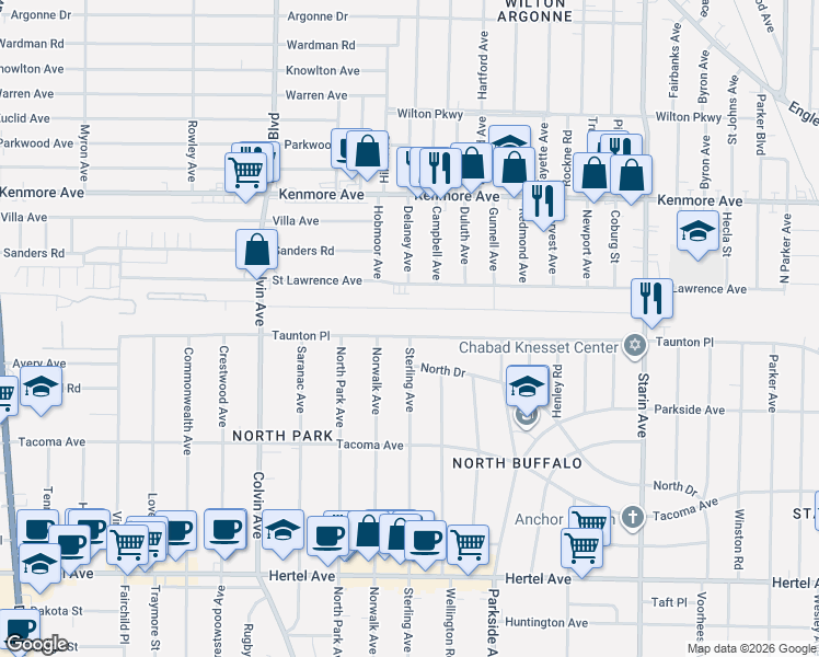 map of restaurants, bars, coffee shops, grocery stores, and more near 148 Rachel Vincent Way in Buffalo