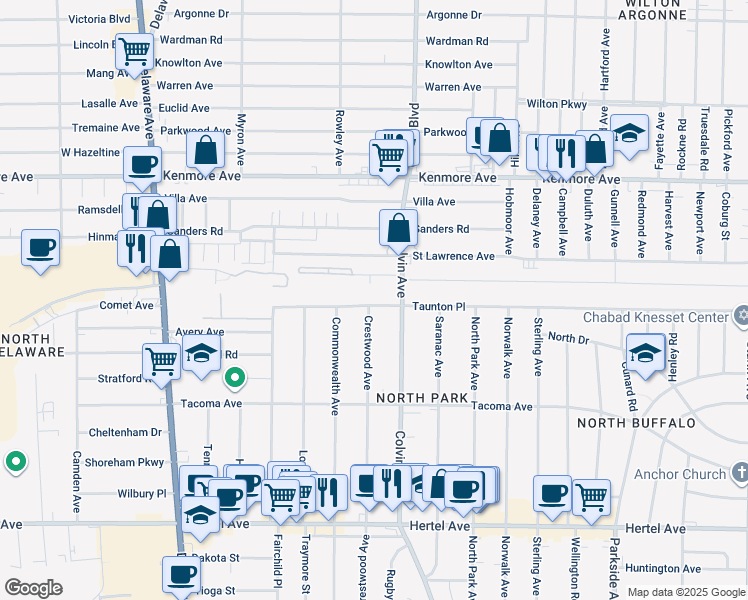 map of restaurants, bars, coffee shops, grocery stores, and more near 534 Colvin Avenue in Buffalo