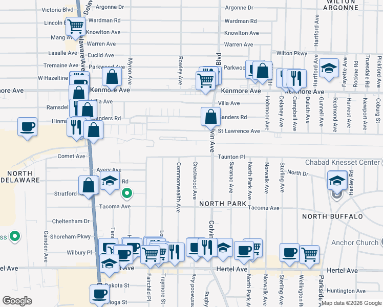 map of restaurants, bars, coffee shops, grocery stores, and more near 534 Colvin Avenue in Buffalo